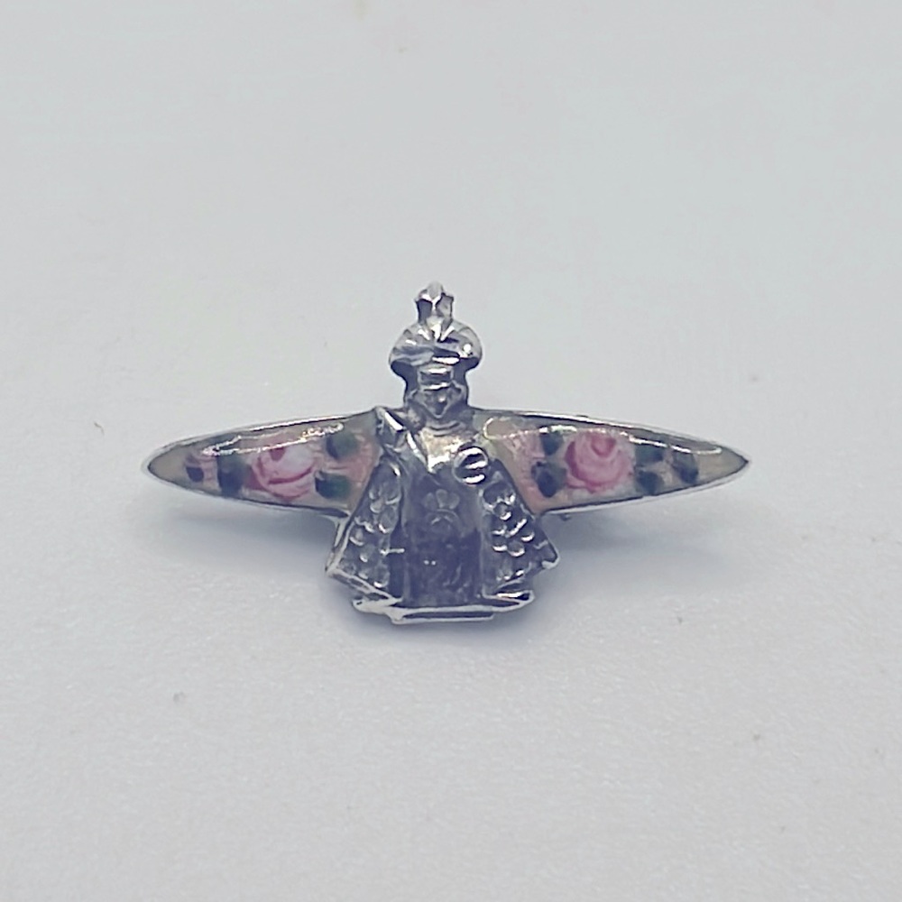 Vintage sterling silver infant of Prague pin brooch enamel guilloche flowers